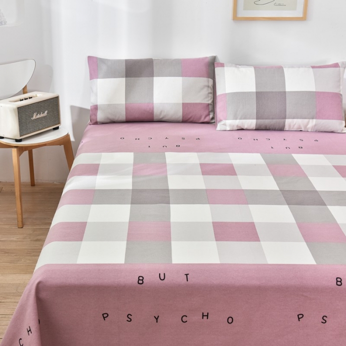 91家纺网 家纺一手货源 找家纺 韩后2025新款粗布印花床单枕套三件套格子豆沙