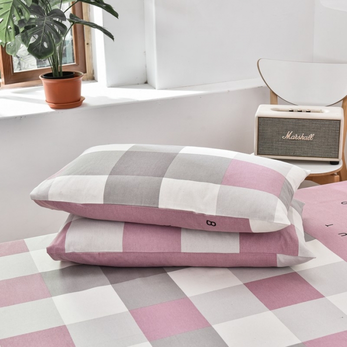 91家纺网 家纺一手货源 找家纺 韩后2025新款粗布印花床单枕套三件套格子豆沙