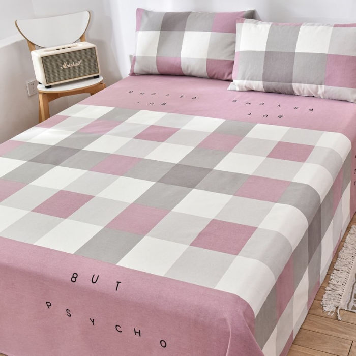 91家纺网 家纺一手货源 找家纺 韩后2025新款粗布印花床单枕套三件套格子豆沙