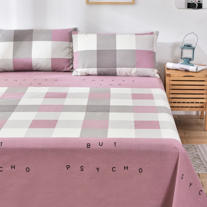 91家纺网 家纺一手货源 找家纺 韩后2025新款粗布印花床单枕套三件套格子豆沙