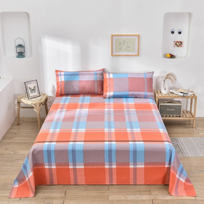 91家纺网 家纺一手货源 找家纺 韩后2025新款粗布印花床单枕套三件套格子铺桔