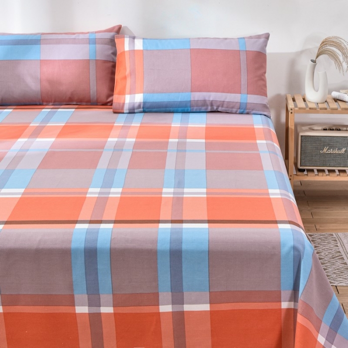 91家纺网 家纺一手货源 找家纺 韩后2025新款粗布印花床单枕套三件套格子铺桔