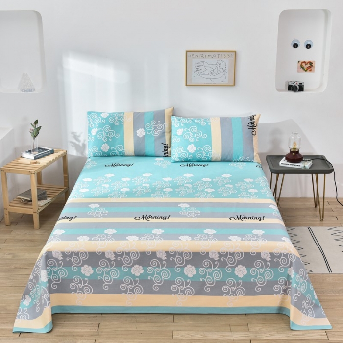 91家纺网 家纺一手货源 找家纺 韩后2025新款粗布印花床单枕套三件套早安-绿