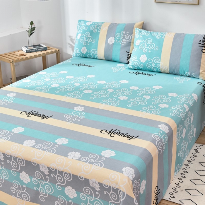 91家纺网 家纺一手货源 找家纺 韩后2025新款粗布印花床单枕套三件套早安-绿