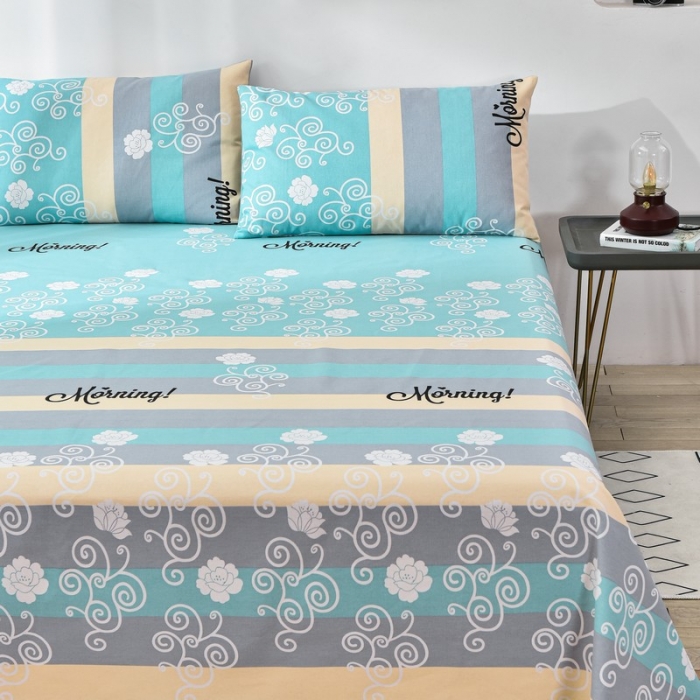 91家纺网 家纺一手货源 找家纺 韩后2025新款粗布印花床单枕套三件套早安-绿