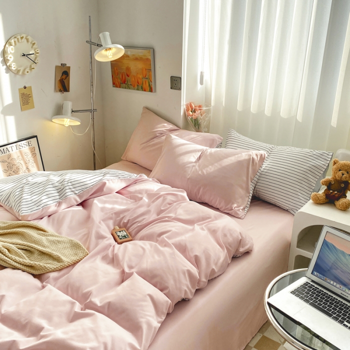 91家纺网 家纺一手货源 找家纺 雨帆家纺 2023新款条纹ins风四件套 粉条纹