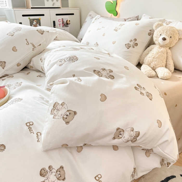 91家纺网 家纺一手货源 找家纺 川悦生活 2023新款全棉印花四件套 韩系小熊