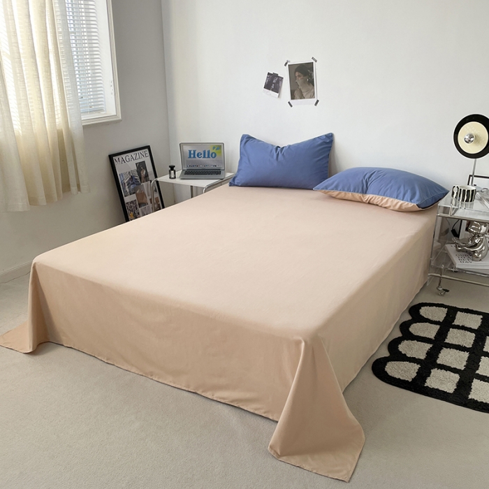 91家纺网 家纺一手货源 找家纺 蓝淋家纺 2023新款双拼水洗棉高级感亲肤四件套/三件套 蓝灰奶茶