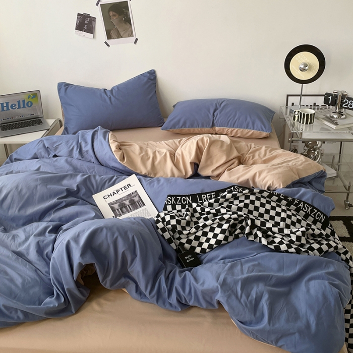 91家纺网 家纺一手货源 找家纺 蓝淋家纺 2023新款双拼水洗棉高级感亲肤四件套/三件套 蓝灰奶茶