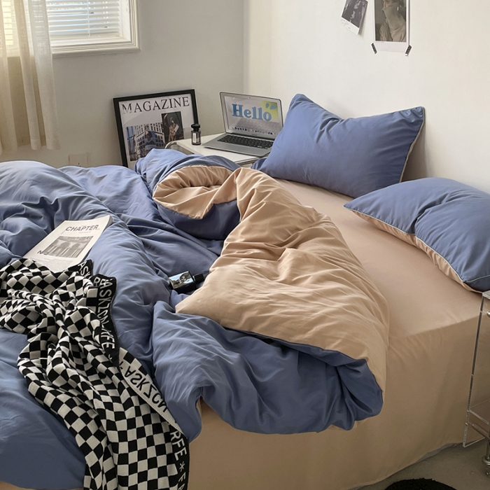 91家纺网 家纺一手货源 找家纺 蓝淋家纺 2023新款双拼水洗棉高级感亲肤四件套/三件套 蓝灰奶茶