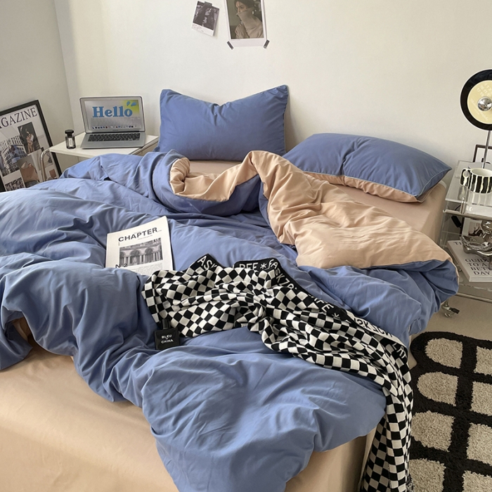 91家纺网 家纺一手货源 找家纺 蓝淋家纺 2023新款双拼水洗棉高级感亲肤四件套/三件套 蓝灰奶茶