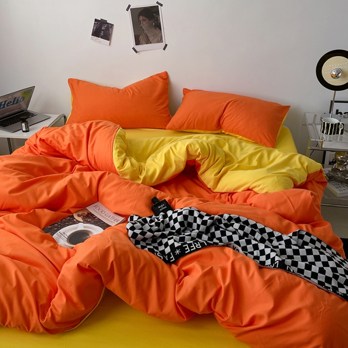 91家纺网 家纺一手货源 找家纺 蓝淋家纺 2023新款双拼水洗棉高级感亲肤四件套/三件套 亮橙黄