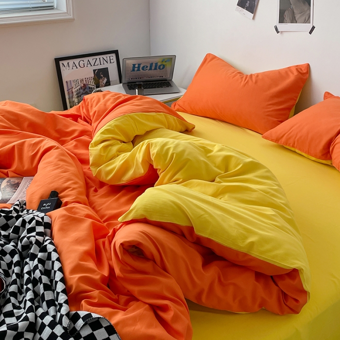 91家纺网 家纺一手货源 找家纺 蓝淋家纺 2023新款双拼水洗棉高级感亲肤四件套/三件套 亮橙黄