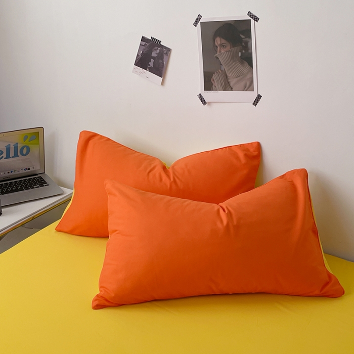 91家纺网 家纺一手货源 找家纺 蓝淋家纺 2023新款双拼水洗棉高级感亲肤四件套/三件套 亮橙黄