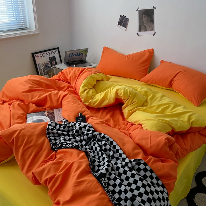 91家纺网 家纺一手货源 找家纺 蓝淋家纺 2023新款双拼水洗棉高级感亲肤四件套/三件套 亮橙黄