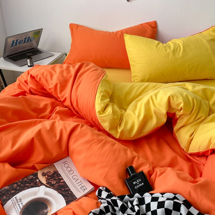 91家纺网 家纺一手货源 找家纺 蓝淋家纺 2023新款双拼水洗棉高级感亲肤四件套/三件套 亮橙黄