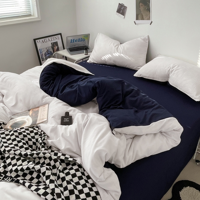 91家纺网 家纺一手货源 找家纺 蓝淋家纺 2023新款双拼水洗棉高级感亲肤四件套/三件套 米白深蓝