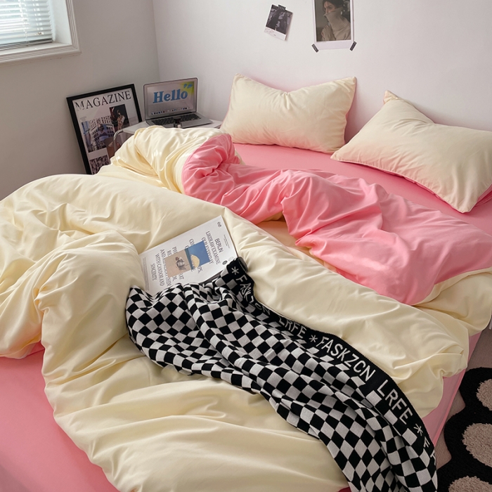 91家纺网 家纺一手货源 找家纺 蓝淋家纺 2023新款双拼水洗棉高级感亲肤四件套/三件套 奶白玉