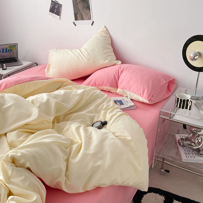 91家纺网 家纺一手货源 找家纺 蓝淋家纺 2023新款双拼水洗棉高级感亲肤四件套/三件套 奶白玉