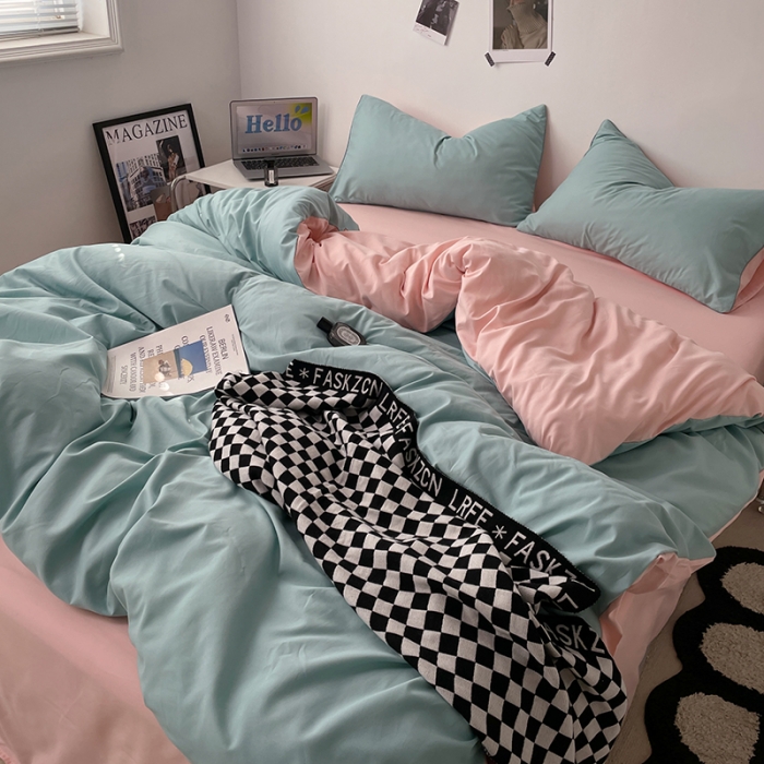 91家纺网 家纺一手货源 找家纺 蓝淋家纺 2023新款双拼水洗棉高级感亲肤四件套/三件套 浅蓝公主粉