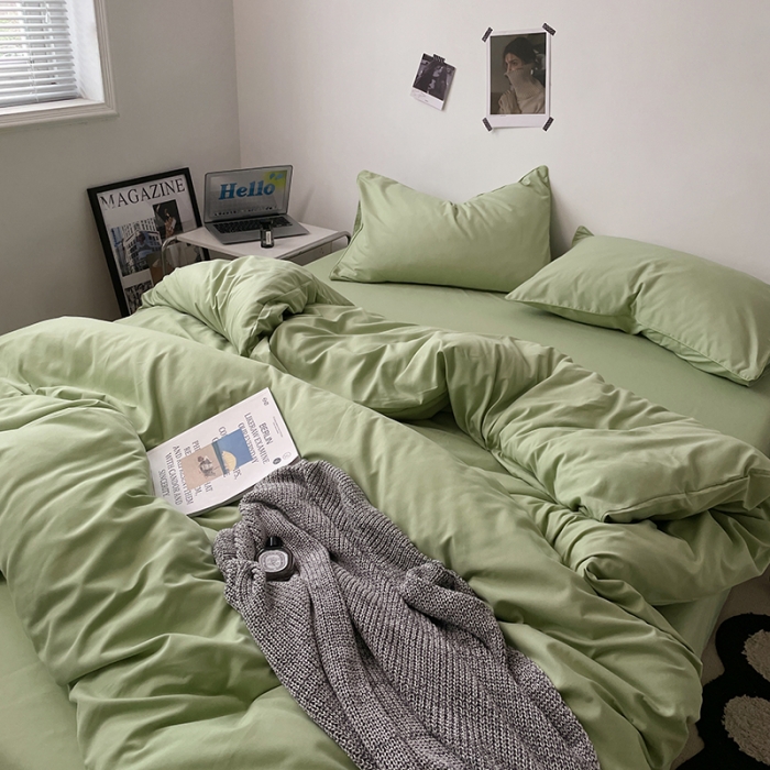 91家纺网 家纺一手货源 找家纺 蓝淋家纺 2023新款双拼水洗棉高级感亲肤四件套/三件套 浅绿