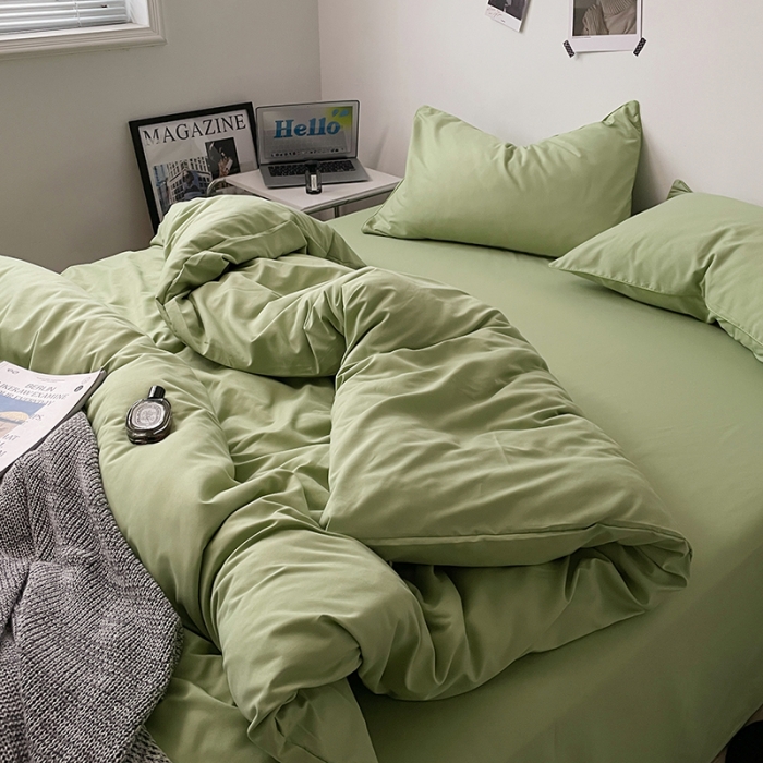 91家纺网 家纺一手货源 找家纺 蓝淋家纺 2023新款双拼水洗棉高级感亲肤四件套/三件套 浅绿