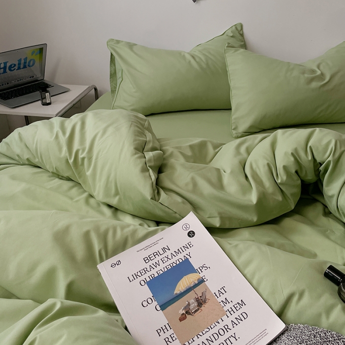 91家纺网 家纺一手货源 找家纺 蓝淋家纺 2023新款双拼水洗棉高级感亲肤四件套/三件套 浅绿