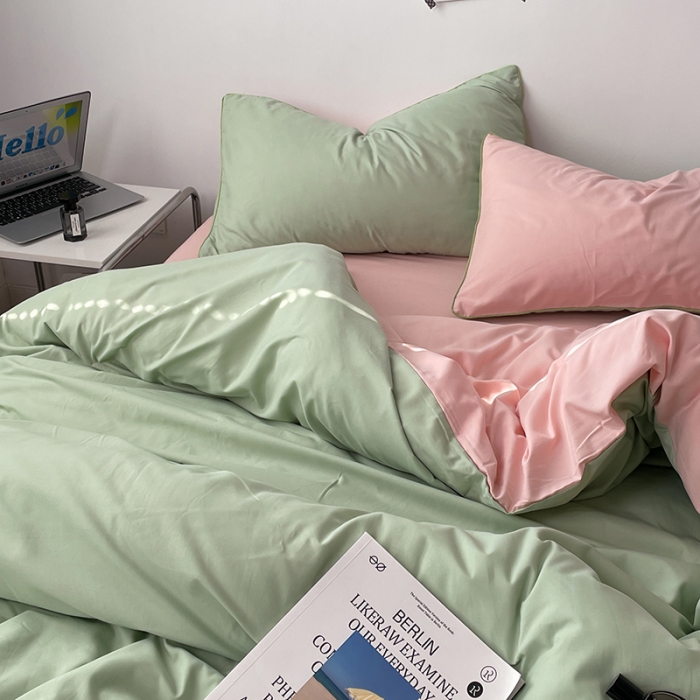 91家纺网 家纺一手货源 找家纺 蓝淋家纺 2023新款双拼水洗棉高级感亲肤四件套/三件套 浅绿公主粉