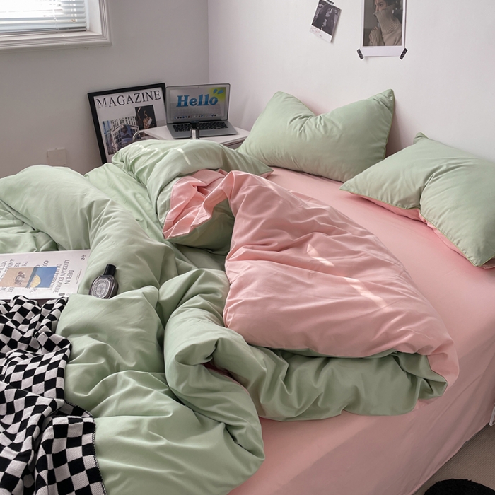 91家纺网 家纺一手货源 找家纺 蓝淋家纺 2023新款双拼水洗棉高级感亲肤四件套/三件套 浅绿公主粉