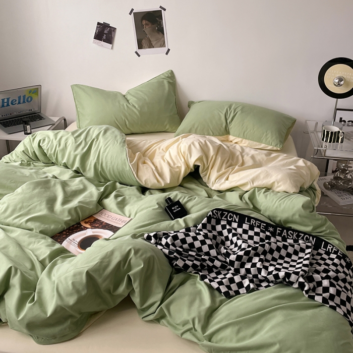 91家纺网 家纺一手货源 找家纺 蓝淋家纺 2023新款双拼水洗棉高级感亲肤四件套/三件套 浅绿米黄