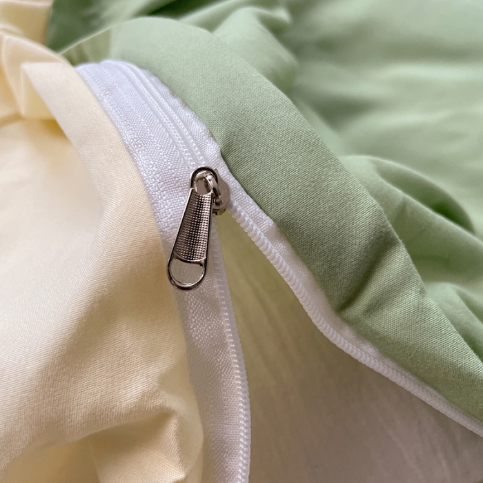 91家纺网 家纺一手货源 找家纺 蓝淋家纺 2023新款双拼水洗棉高级感亲肤四件套/三件套 浅绿米黄