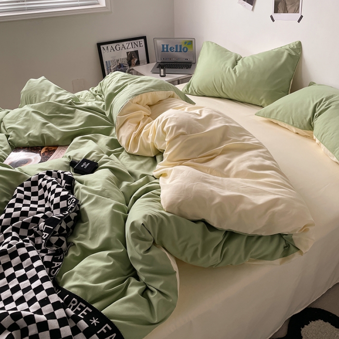 91家纺网 家纺一手货源 找家纺 蓝淋家纺 2023新款双拼水洗棉高级感亲肤四件套/三件套 浅绿米黄