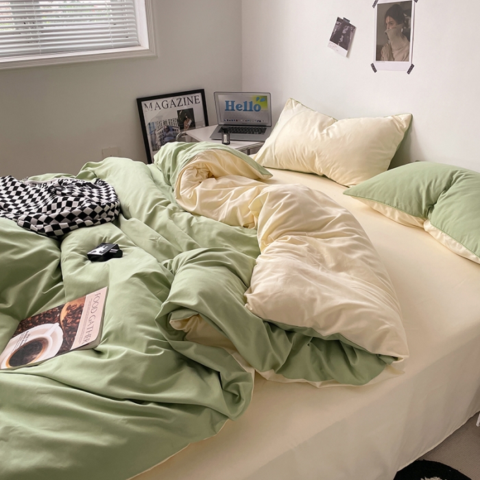 91家纺网 家纺一手货源 找家纺 蓝淋家纺 2023新款双拼水洗棉高级感亲肤四件套/三件套 浅绿米黄