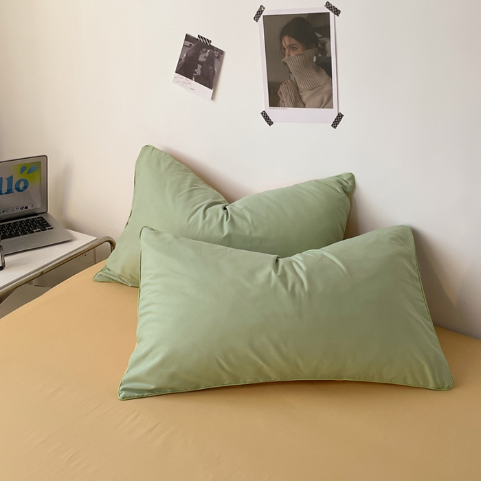 91家纺网 家纺一手货源 找家纺 蓝淋家纺 2023新款双拼水洗棉高级感亲肤四件套/三件套 浅绿浅驼