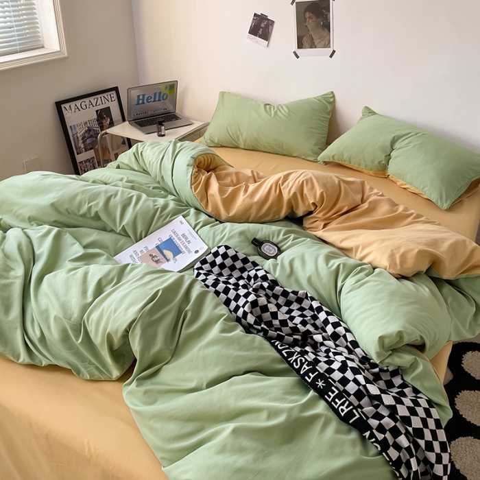 91家纺网 家纺一手货源 找家纺 蓝淋家纺 2023新款双拼水洗棉高级感亲肤四件套/三件套 浅绿浅驼