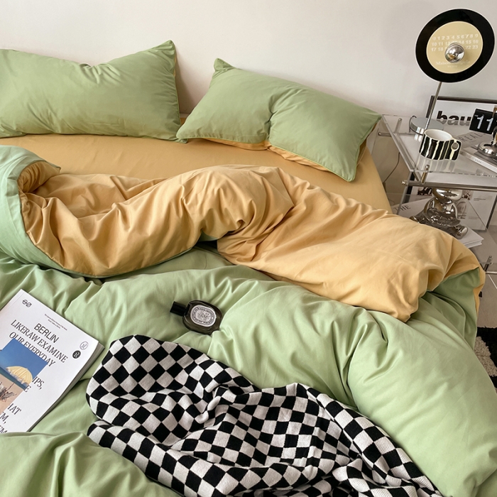 91家纺网 家纺一手货源 找家纺 蓝淋家纺 2023新款双拼水洗棉高级感亲肤四件套/三件套 浅绿浅驼