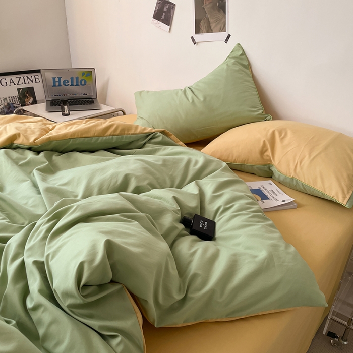 91家纺网 家纺一手货源 找家纺 蓝淋家纺 2023新款双拼水洗棉高级感亲肤四件套/三件套 浅绿浅驼