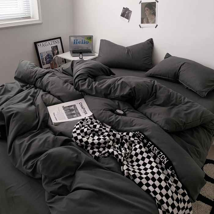 91家纺网 家纺一手货源 找家纺 蓝淋家纺 2023新款双拼水洗棉高级感亲肤四件套/三件套 深灰