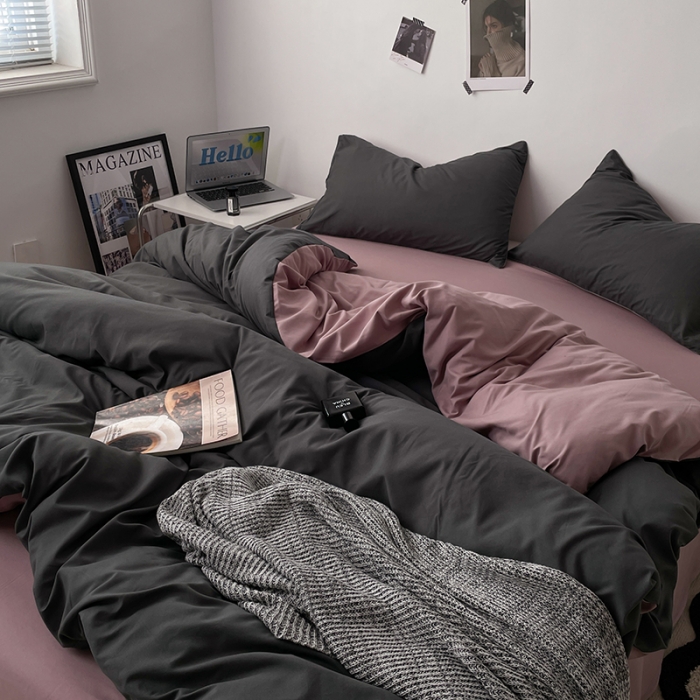 91家纺网 家纺一手货源 找家纺 蓝淋家纺 2023新款双拼水洗棉高级感亲肤四件套/三件套 深灰咖