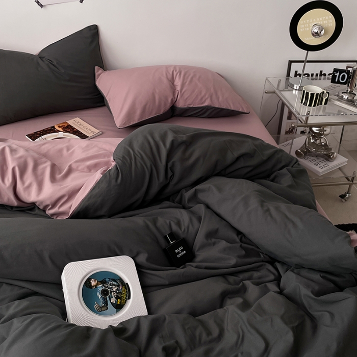 91家纺网 家纺一手货源 找家纺 蓝淋家纺 2023新款双拼水洗棉高级感亲肤四件套/三件套 深灰咖