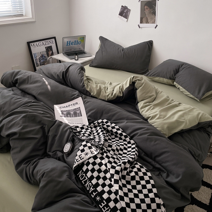 91家纺网 家纺一手货源 找家纺 蓝淋家纺 2023新款双拼水洗棉高级感亲肤四件套/三件套 深灰抹茶