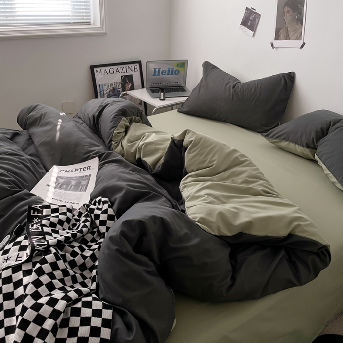 91家纺网 家纺一手货源 找家纺 蓝淋家纺 2023新款双拼水洗棉高级感亲肤四件套/三件套 深灰抹茶