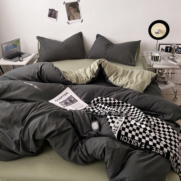 91家纺网 家纺一手货源 找家纺 蓝淋家纺 2023新款双拼水洗棉高级感亲肤四件套/三件套 深灰抹茶