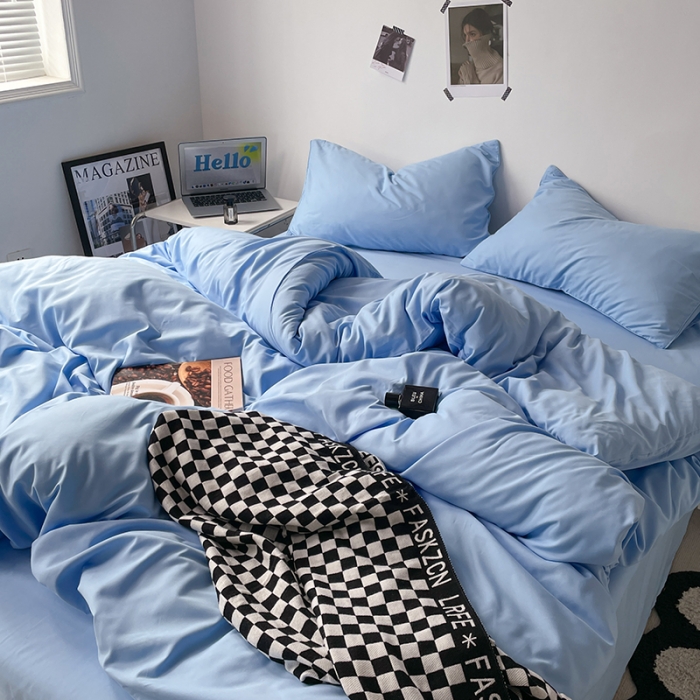 91家纺网 家纺一手货源 找家纺 蓝淋家纺 2023新款双拼水洗棉高级感亲肤四件套/三件套 天蓝