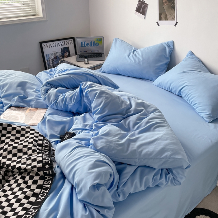 91家纺网 家纺一手货源 找家纺 蓝淋家纺 2023新款双拼水洗棉高级感亲肤四件套/三件套 天蓝