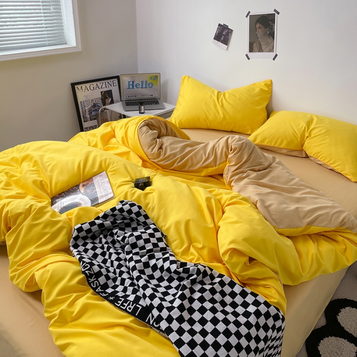 91家纺网 家纺一手货源 找家纺 蓝淋家纺 2023新款双拼水洗棉高级感亲肤四件套/三件套 杏黄浅驼