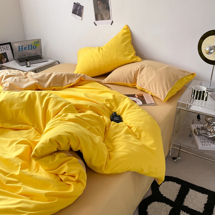 91家纺网 家纺一手货源 找家纺 蓝淋家纺 2023新款双拼水洗棉高级感亲肤四件套/三件套 杏黄浅驼