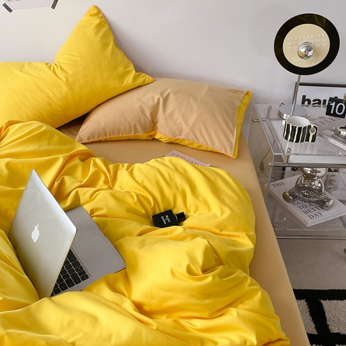 91家纺网 家纺一手货源 找家纺 蓝淋家纺 2023新款双拼水洗棉高级感亲肤四件套/三件套 杏黄浅驼