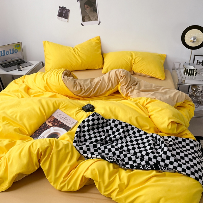 91家纺网 家纺一手货源 找家纺 蓝淋家纺 2023新款双拼水洗棉高级感亲肤四件套/三件套 杏黄浅驼