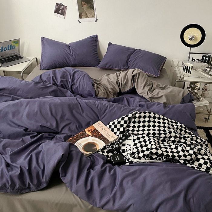 91家纺网 家纺一手货源 找家纺 蓝淋家纺 2023新款双拼水洗棉高级感亲肤四件套/三件套 烟熏紫